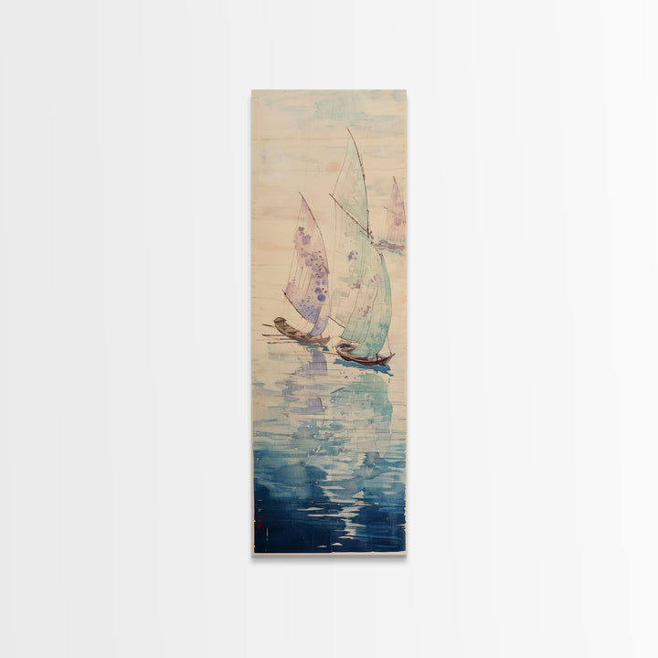 Sailboats On Calm Sea Canvas In Japanese Ukiyo-e Style, Traditional Woodblock Print, Framed Canvas Print, Tall Skinny Japanese Wall Art, Ready To Hang