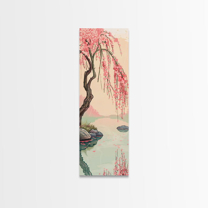 Serene Weeping Cherry Tree with Gentle Reflections in Water - Skinny Art, Japanese Wall Decor, Framed Canvas Print, Ukiyo-e Style