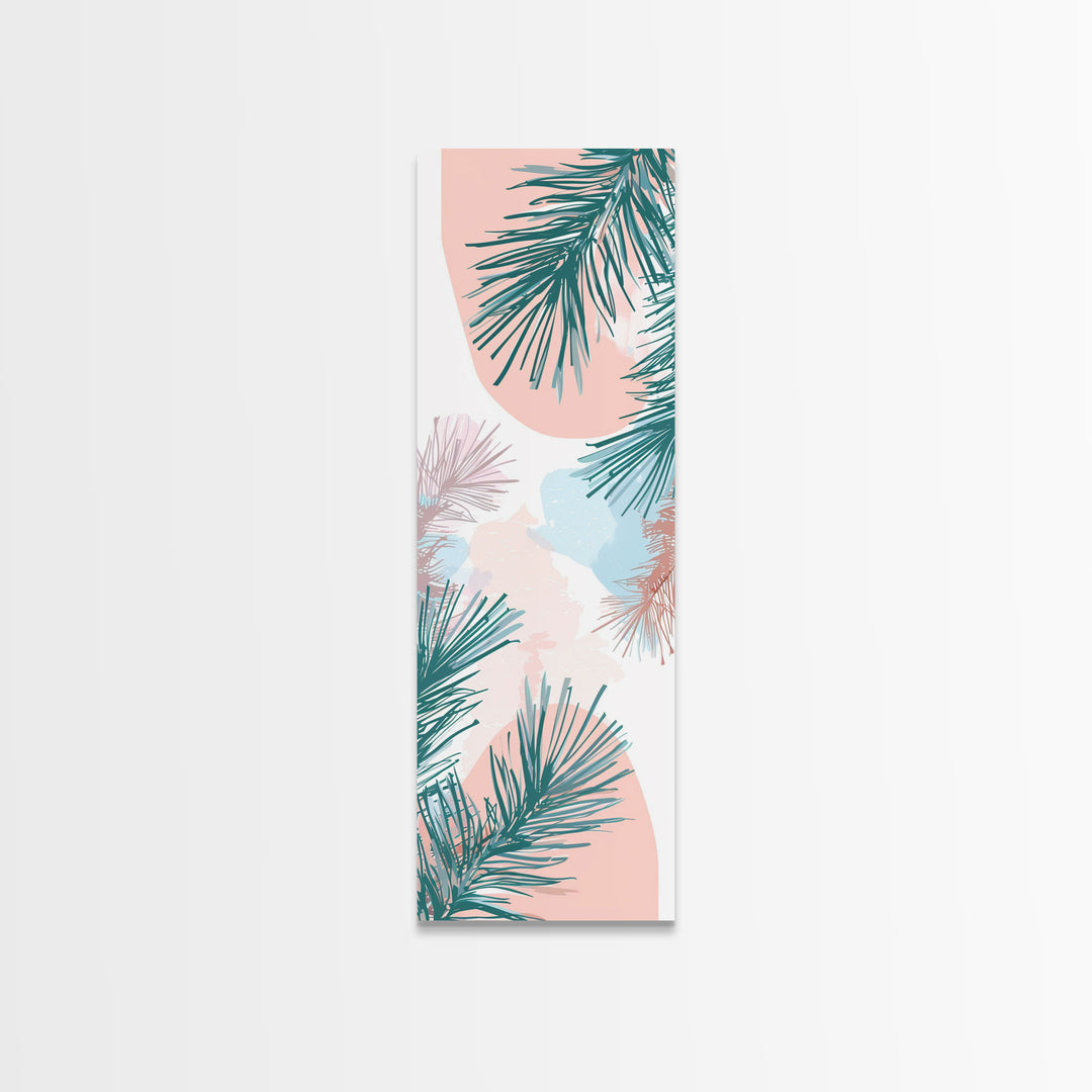 Elegant Pine Branches on Soft Pastel Background - Skinny Art, Japanese Wall Decor, Framed Canvas Print, Ukiyo-e Style