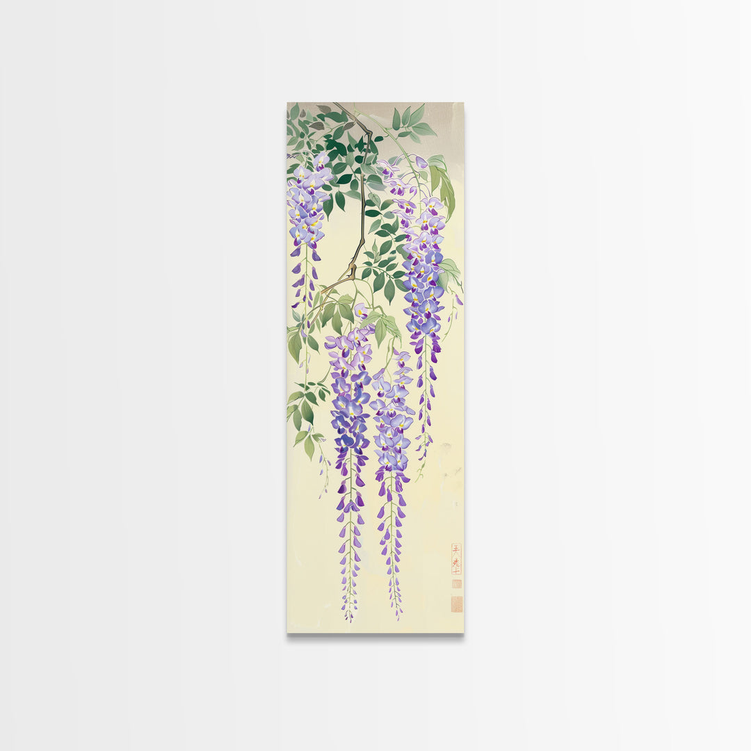 Cascading Wisteria Blossoms in Shades of Purple and Green - Skinny Art, Japanese Wall Decor, Framed Canvas Print, Ukiyo-e Style