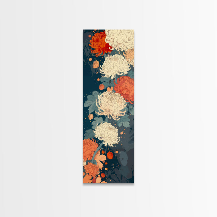 Blooming Chrysanthemums in Rich Autumn Colors - Skinny Art, Japanese Wall Decor, Framed Canvas Print, Ukiyo-e Style