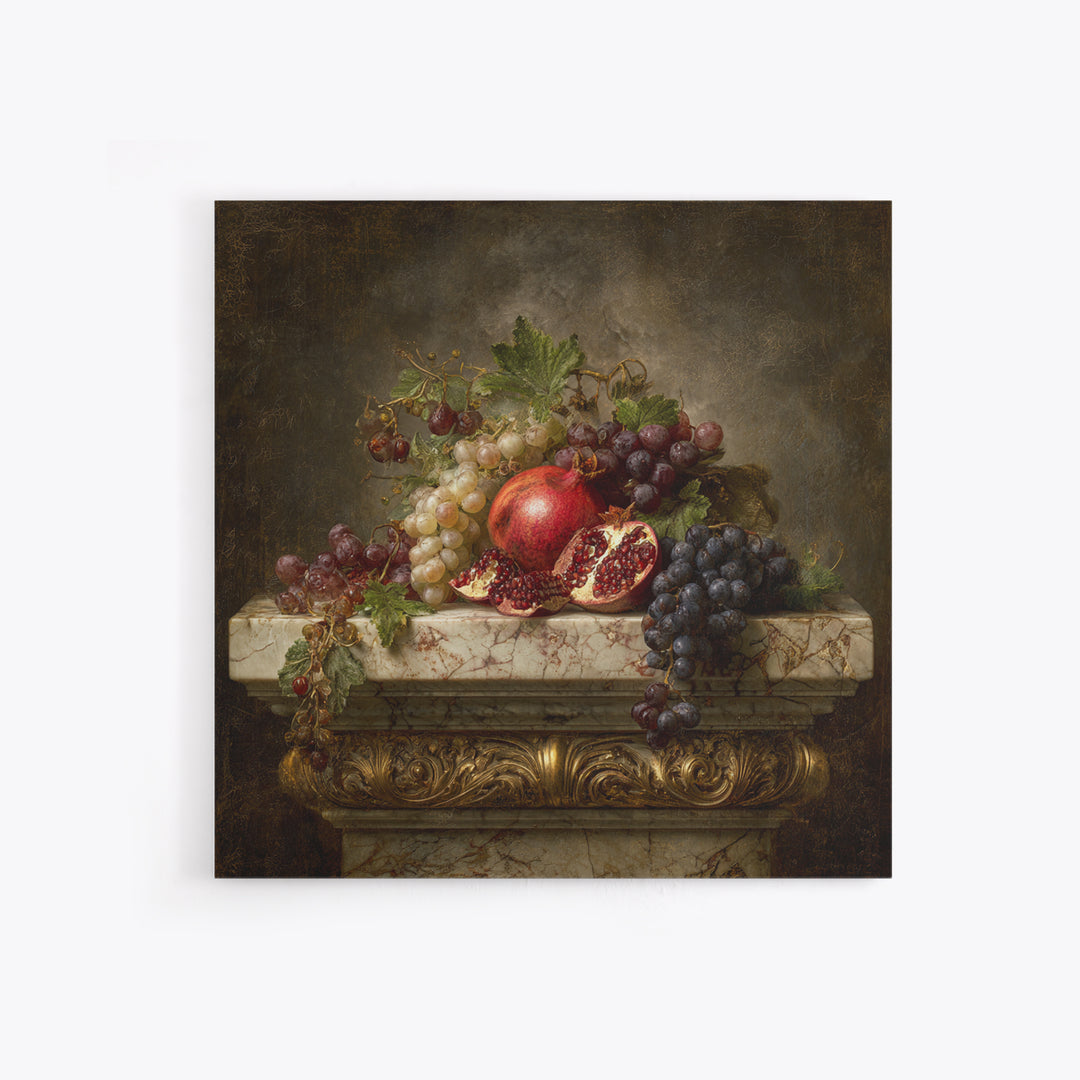 Pomegranate and Grapes on Marble Ledge Canvas Print, Renaissanceinspired Art, Celestial Decor, Living Room Decor, Classic, REN-1x1-17