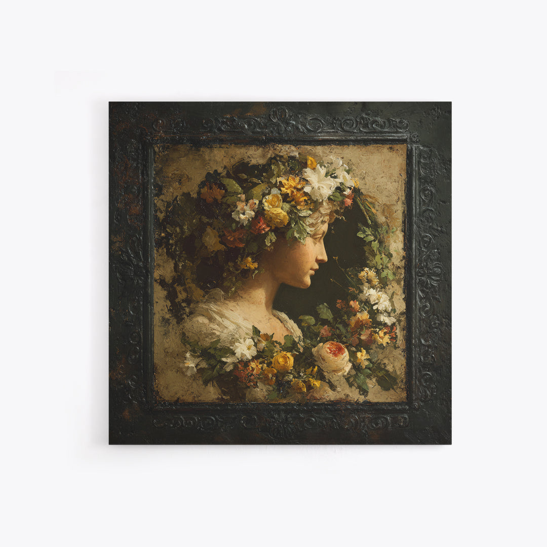 Floral Garland Surrounding a Classical Profile Canvas Print, Renaissanceinspired Art, Unique Wall Art, Living Room Decor, REN-1x1-22