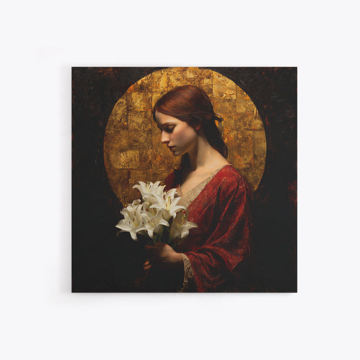 Saint Like Figure Holding White Lilies Framed Canvas Print, Renaissanceinspired Art, Floral Print, Living Room Decor, Classic, REN-1x1-37