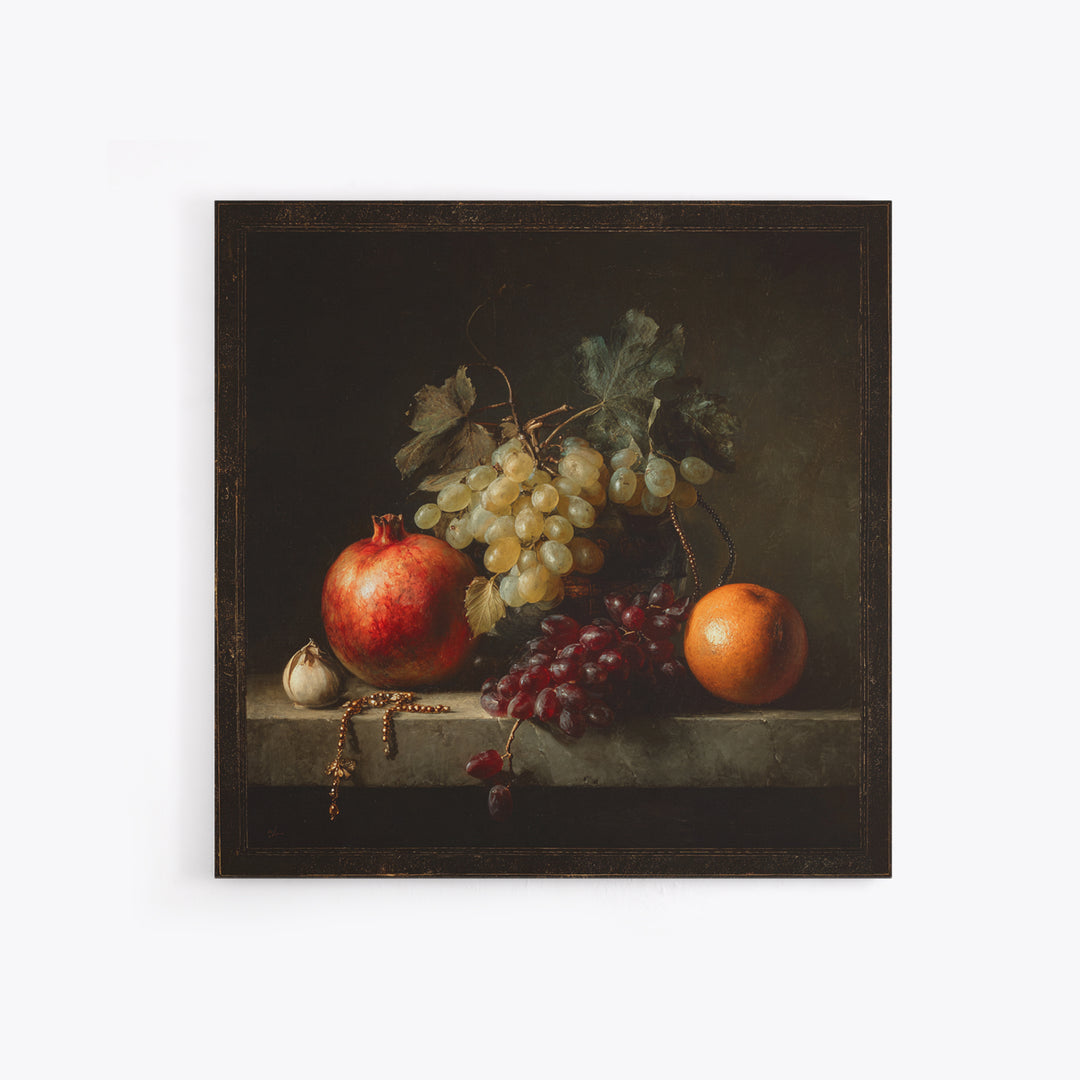 Oil Painted Fruit Still Life on Dark Canvas Print, Renaissanceinspired Art, Elegant Home Decor, Living Room Decor, Classic, REN-1x1-75