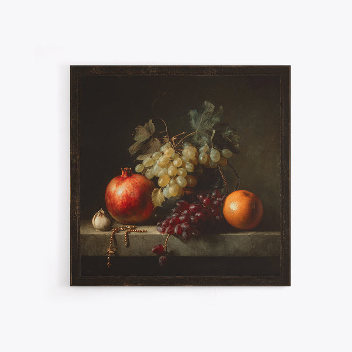 Oil Painted Fruit Still Life on Dark Canvas Print, Renaissanceinspired Art, Elegant Home Decor, Living Room Decor, Classic, REN-1x1-75