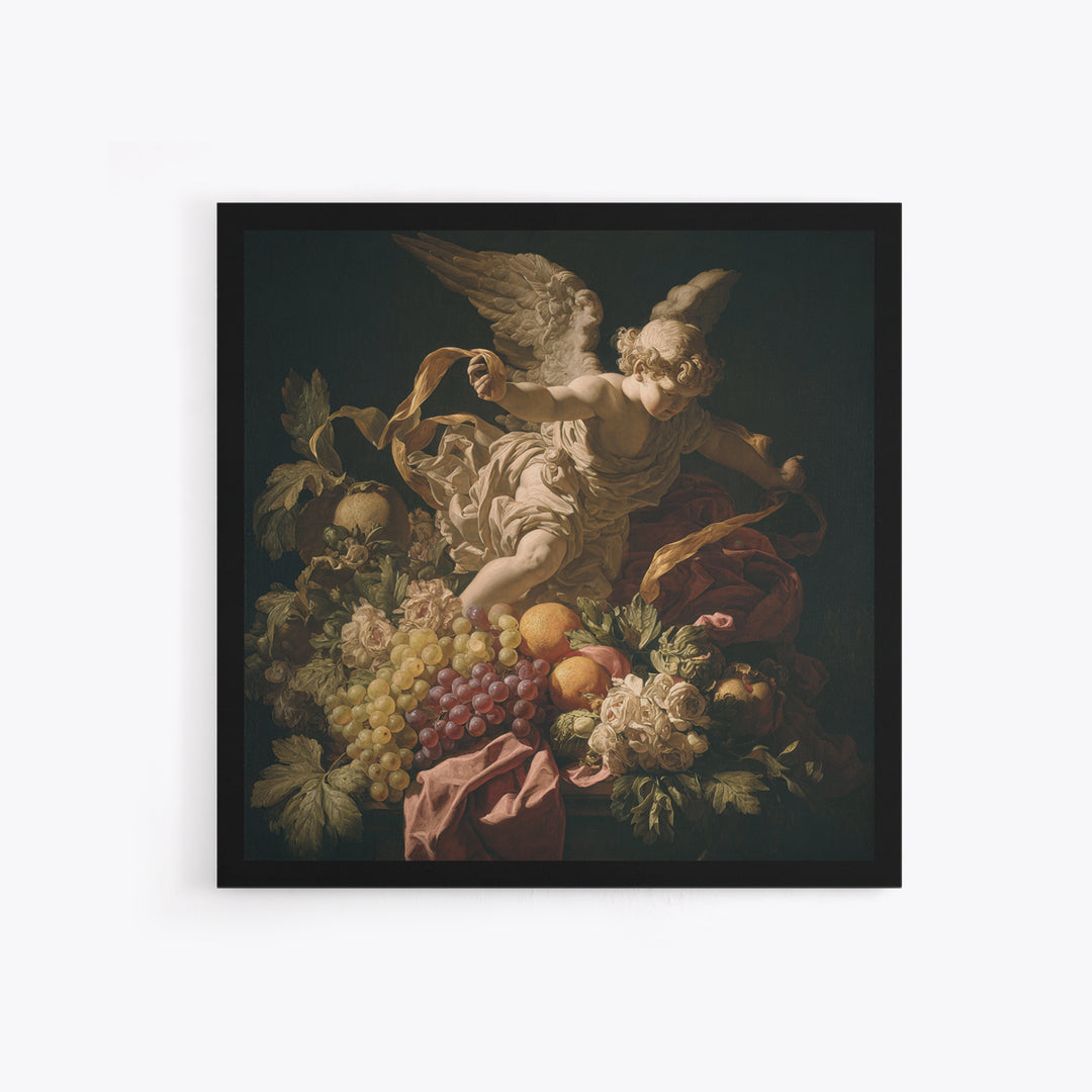 Cherub Holding a Ribbon Among Clouds Framed Canvas Print, Renaissanceinspired Art, Fantasy Decor, Living Room Decor, Classic, REN-1x1-78