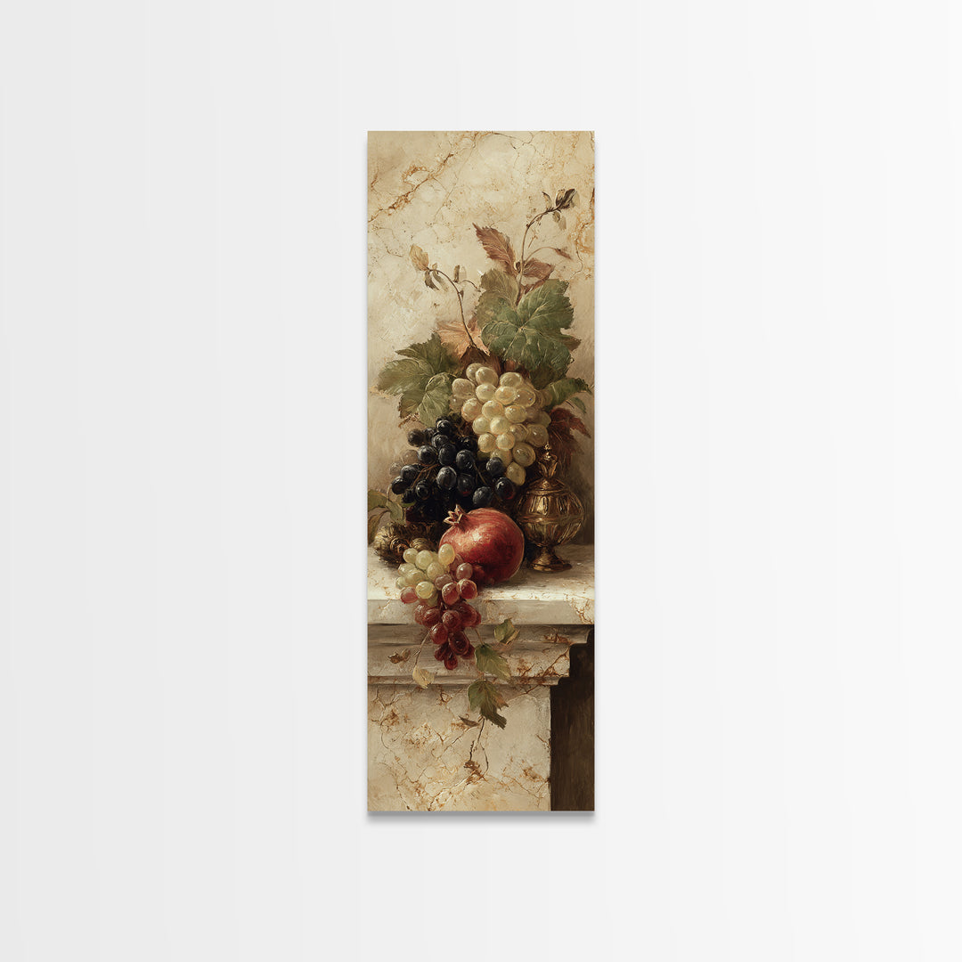 Pomegranate and Grapes on Marble Ledge Framed Canvas Print, Renaissanceinspired Art, Cat Painting, Living Room Decor, Classic, REN-1x3-29