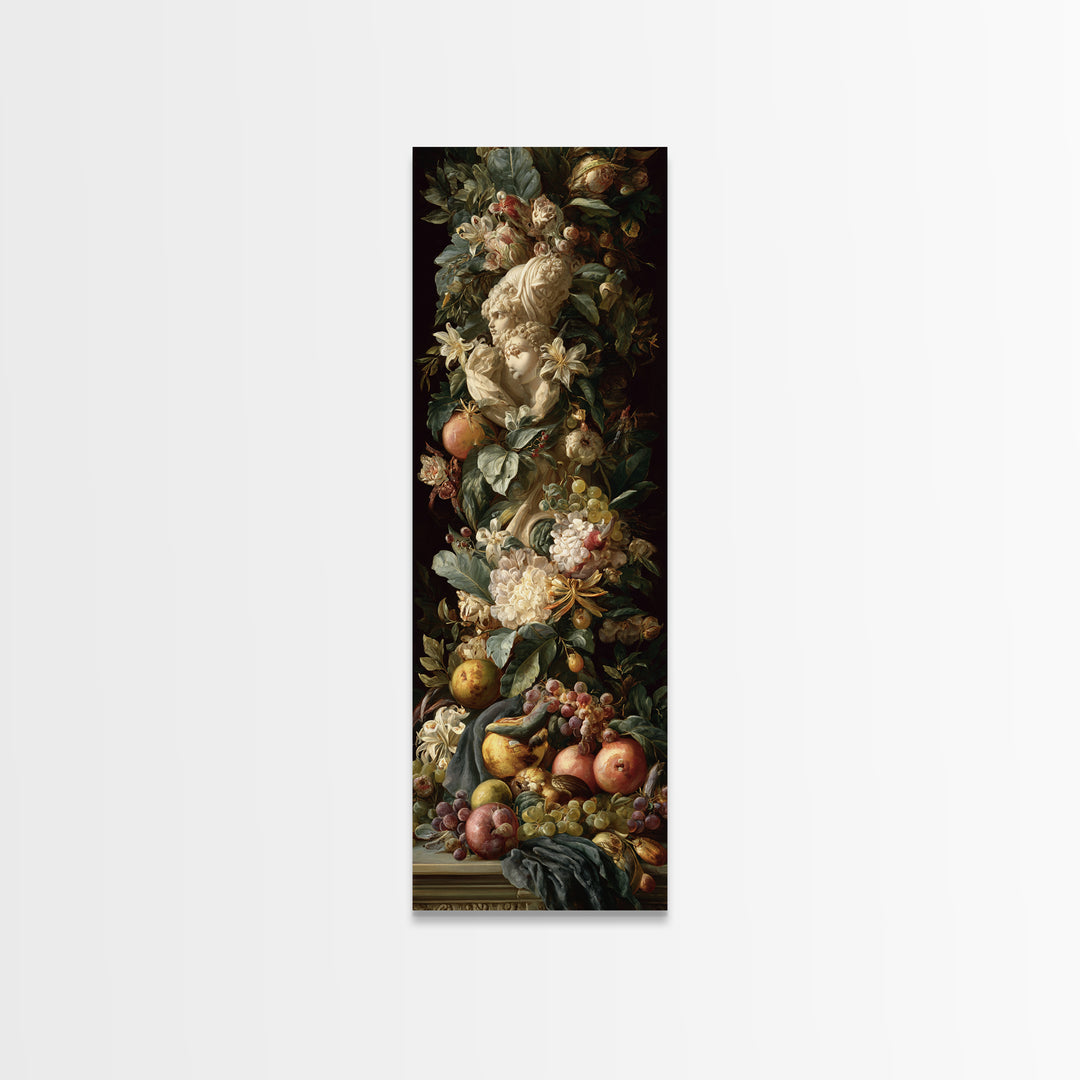 Floral Garland Surrounding a Classical Profile Canvas Print, Renaissanceinspired Art, Painting from Photo, Living Room Decor, REN-1x3-82
