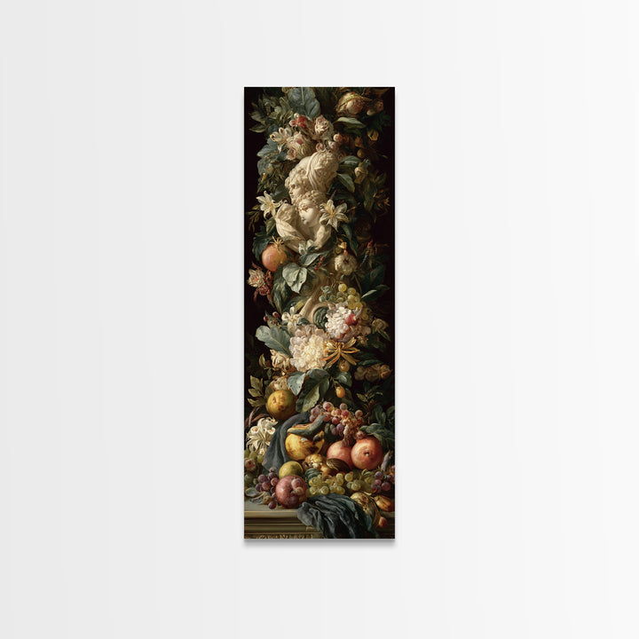 Floral Garland Surrounding a Classical Profile Canvas Print, Renaissanceinspired Art, Painting from Photo, Living Room Decor, REN-1x3-82