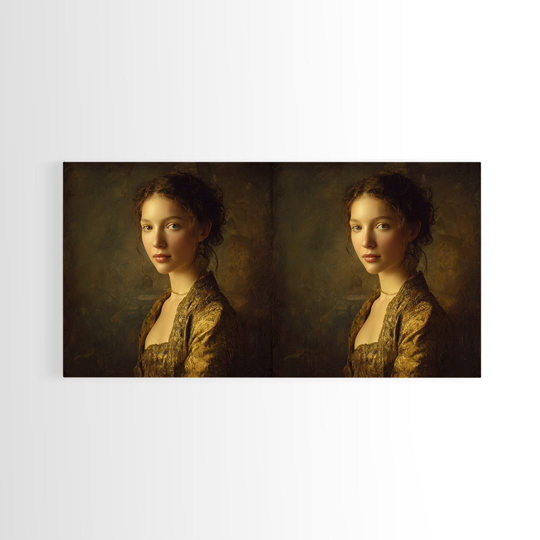 Gold Halo Portrait Framed Canvas Print, Renaissanceinspired Art, Neutral Decor, Living Room Decor, Fine Art, Classic, REN-2x1-1