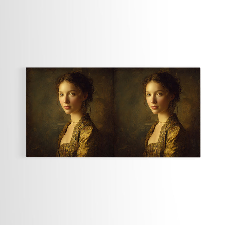 Gold Halo Portrait Framed Canvas Print, Renaissanceinspired Art, Neutral Decor, Living Room Decor, Fine Art, Classic, REN-2x1-1