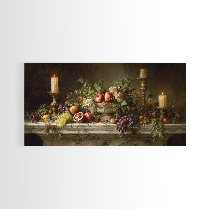 Pomegranate and Grapes on Marble Ledge Framed Canvas Print, Renaissanceinspired Art, Home Decor, Living Room Decor, Classic, REN-2x1-13