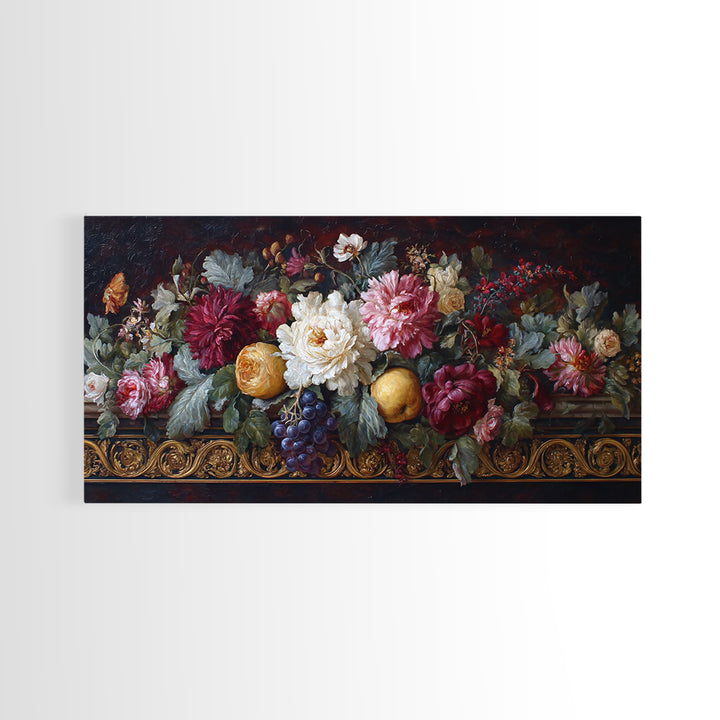 Floral Garland Surrounding a Classical Profile Canvas Print, Renaissanceinspired Art, Home Altar, Living Room Decor, Classic, REN-2x1-18