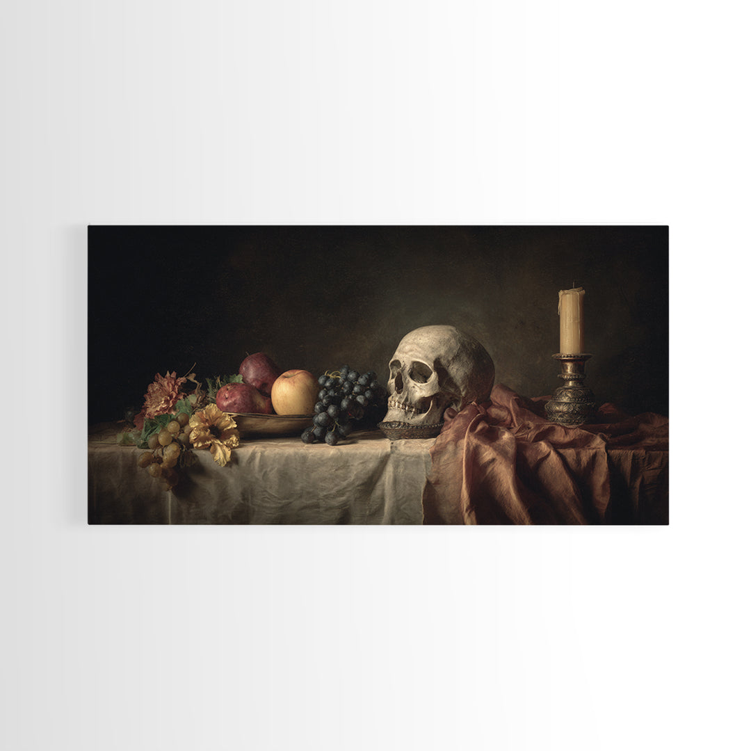 Old Master Skull and Candle Still Life Framed Canvas Print, Renaissanceinspired Art, Classic Art, Living Room Decor, Classic, REN-2x1-30