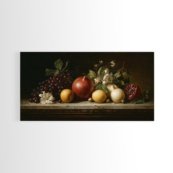Oil Painted Fruit Still Life on Dark Canvas Print, Renaissanceinspired Art, Printable Art, Living Room Decor, Oil Painting, REN-2x1-47