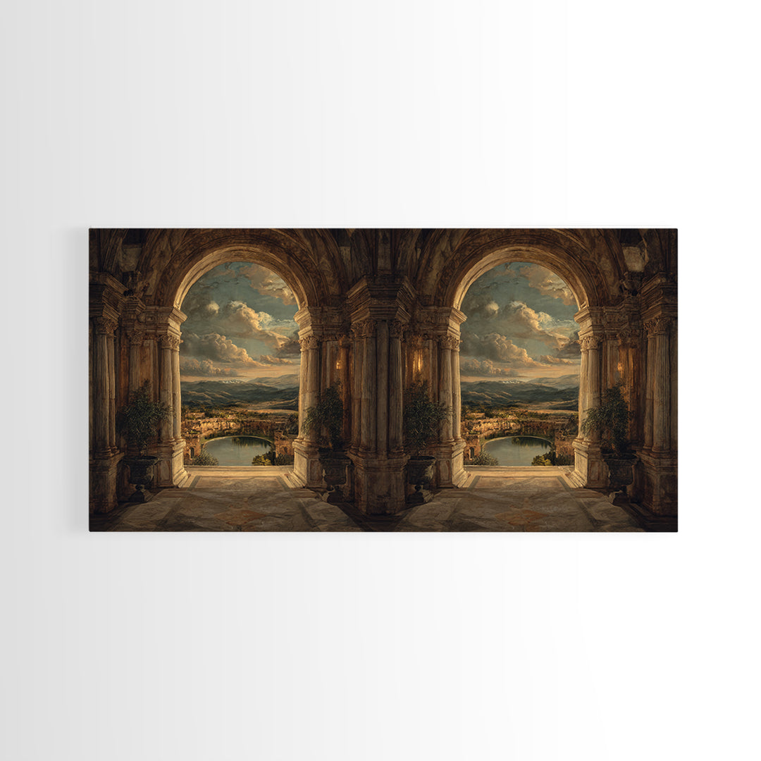 Architectural Arch with Italian Landscape Beyond Canvas Print, Renaissanceinspired Art, Cat Painting, Living Room Decor, REN-2x1-79