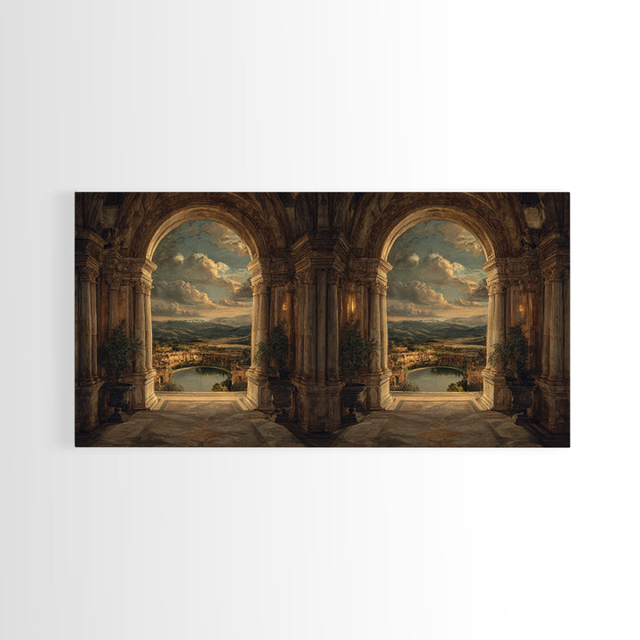 Architectural Arch with Italian Landscape Beyond Canvas Print, Renaissanceinspired Art, Cat Painting, Living Room Decor, REN-2x1-79