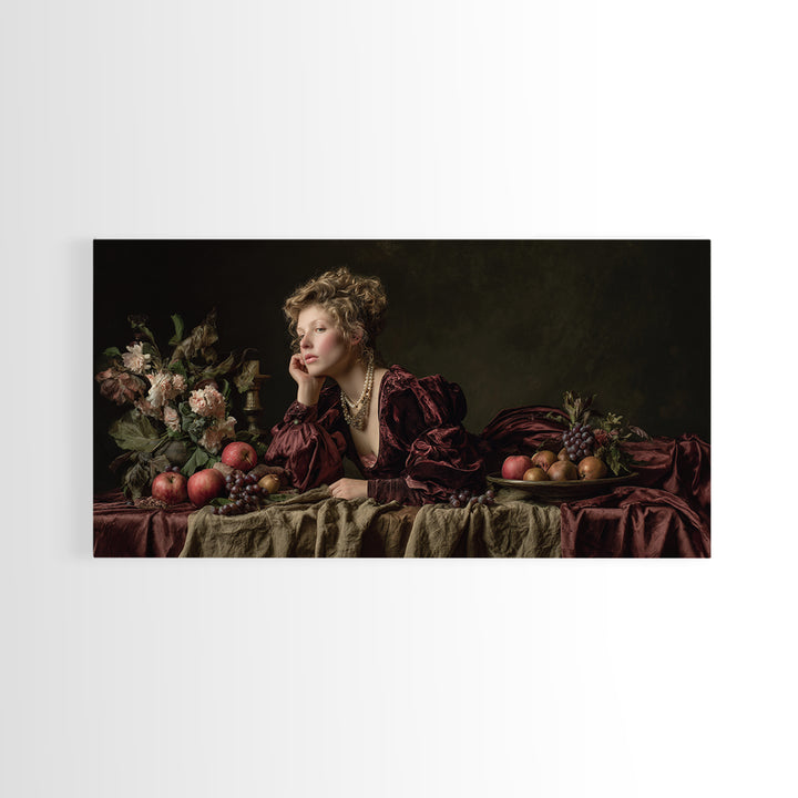 Portrait with Pearl Necklace and Velvet Dress Canvas Print, Renaissanceinspired Art, Boho Decor, Living Room Decor, Classic, REN-2x1-8