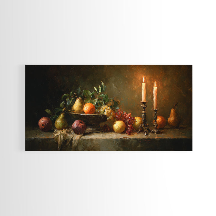 Oil Painted Fruit Still Life on Dark Framed Canvas Print, Renaissanceinspired Art, Fantasy Decor, Living Room Decor, Classic, REN-2x1-95