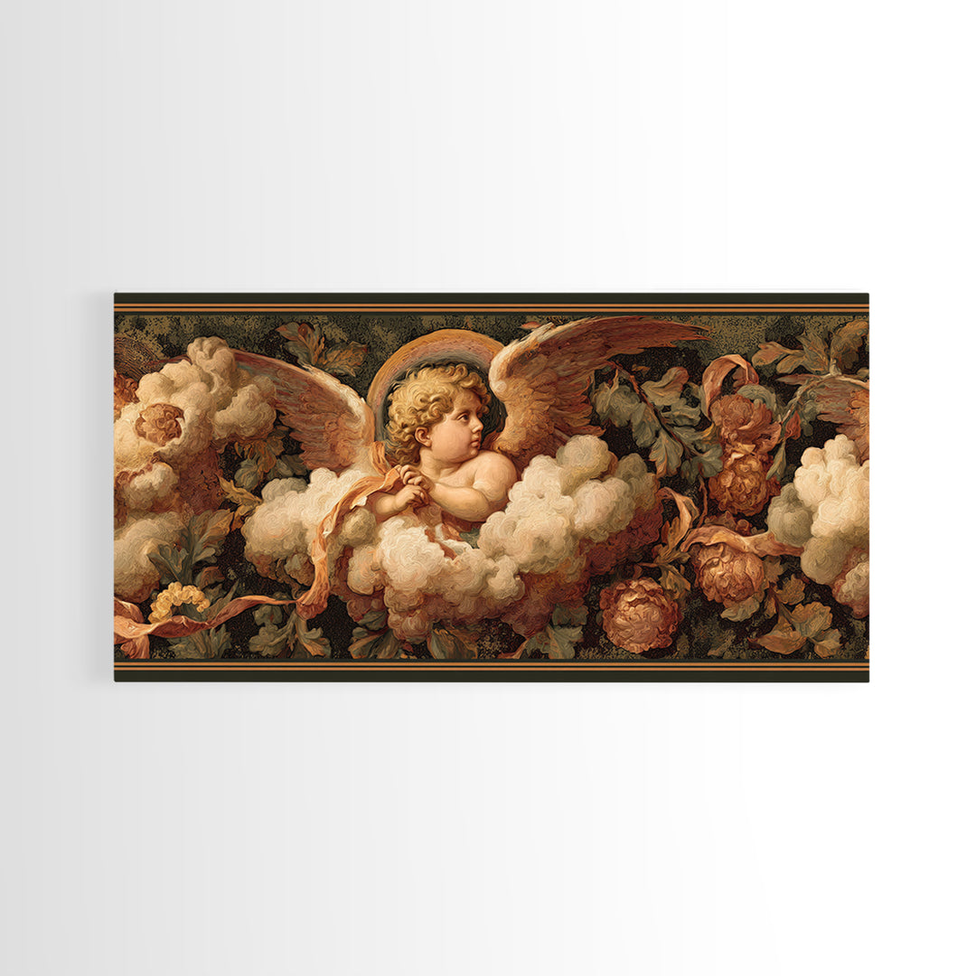 Cherub Holding a Ribbon Among Clouds Canvas Print, Renaissanceinspired Art, Living Room Decor, Watercolor Art, Classic, REN-2x1-98