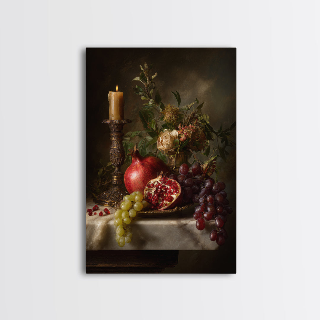 Pomegranate and Grapes on Marble Ledge Framed Canvas Print, Renaissanceinspired Art, Home Decor, Living Room Decor, Classic, REN-2x3-1