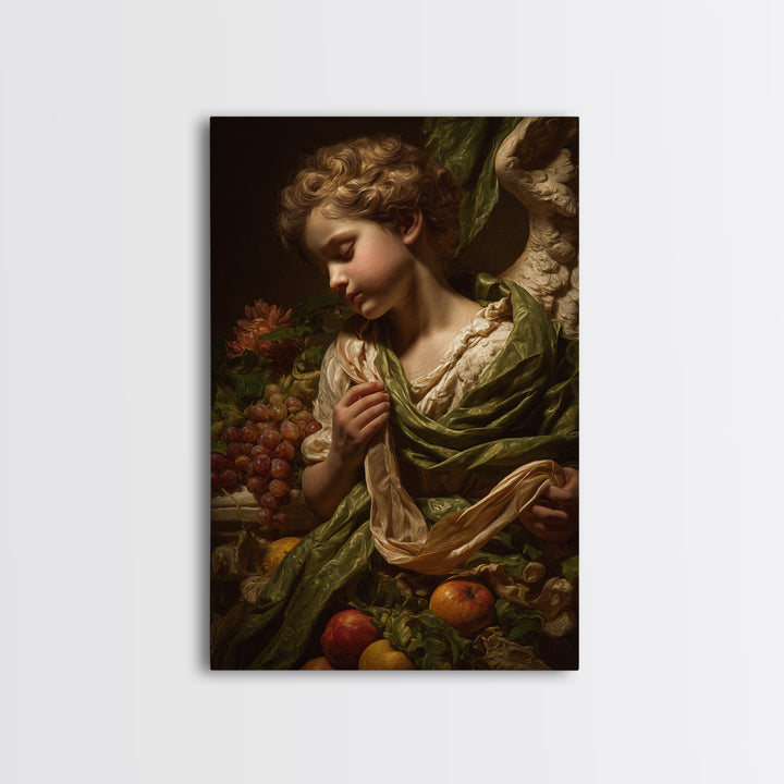 Cherub Holding a Ribbon Among Clouds Canvas Print, Renaissanceinspired Art, Elegant Home Decor, Living Room Decor, Oil Painting, REN-2x3-14