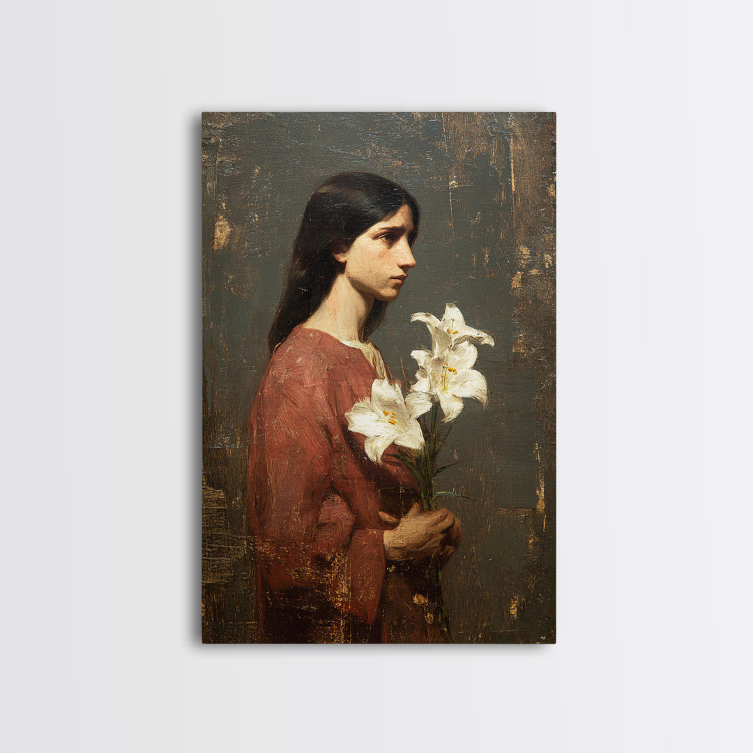Saint Like Figure Holding White Lilies Framed Canvas Print, Renaissanceinspired Art, Classic Art, Living Room Decor, Classic, REN-2x3-21