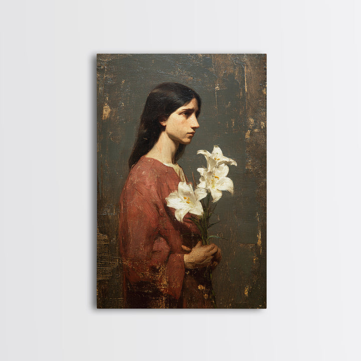 Saint Like Figure Holding White Lilies Framed Canvas Print, Renaissanceinspired Art, Classic Art, Living Room Decor, Classic, REN-2x3-21