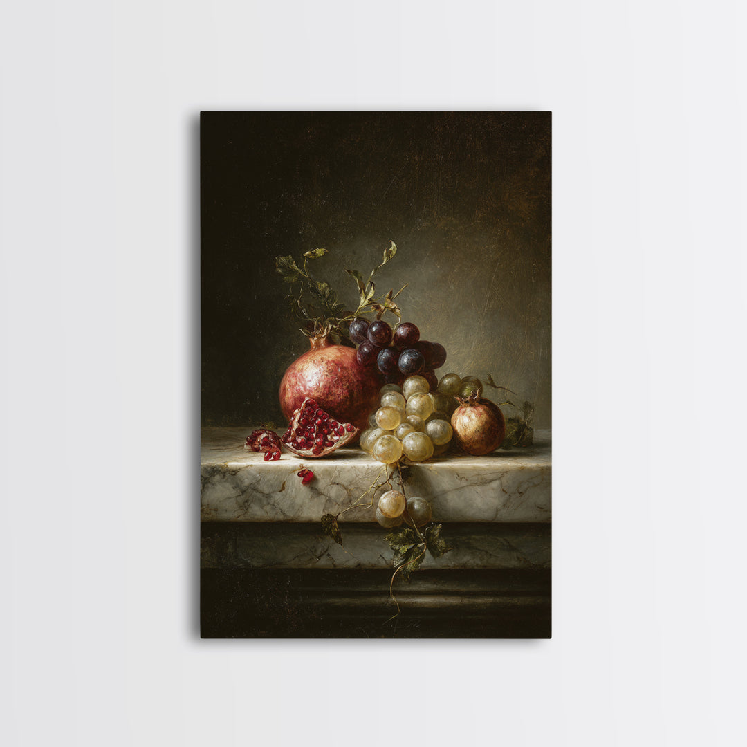 Pomegranate and Grapes on Marble Ledge Canvas Print, Renaissanceinspired Art, Statement Artwork, Living Room Decor, Classic, REN-2x3-49