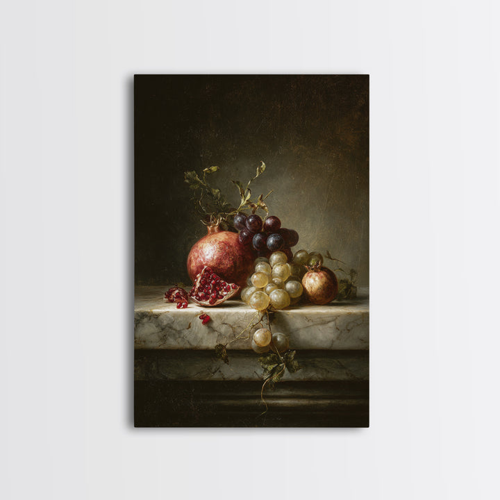 Pomegranate and Grapes on Marble Ledge Canvas Print, Renaissanceinspired Art, Statement Artwork, Living Room Decor, Classic, REN-2x3-49