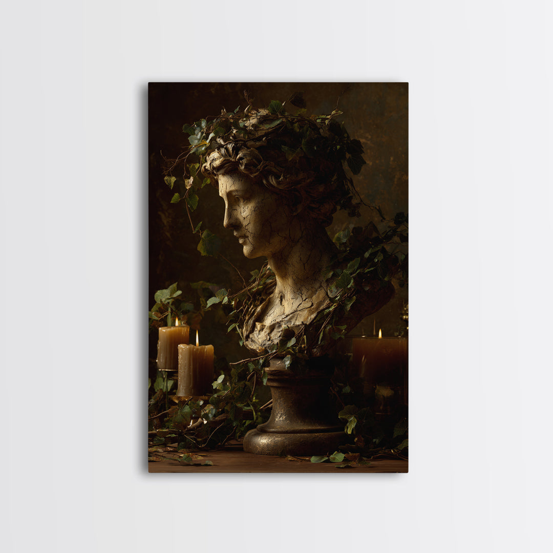 Classical Statue Bust Covered Framed Canvas Print, Renaissanceinspired Art, Floral Print, Living Room Decor, Oil Painting, REN-2x3-51