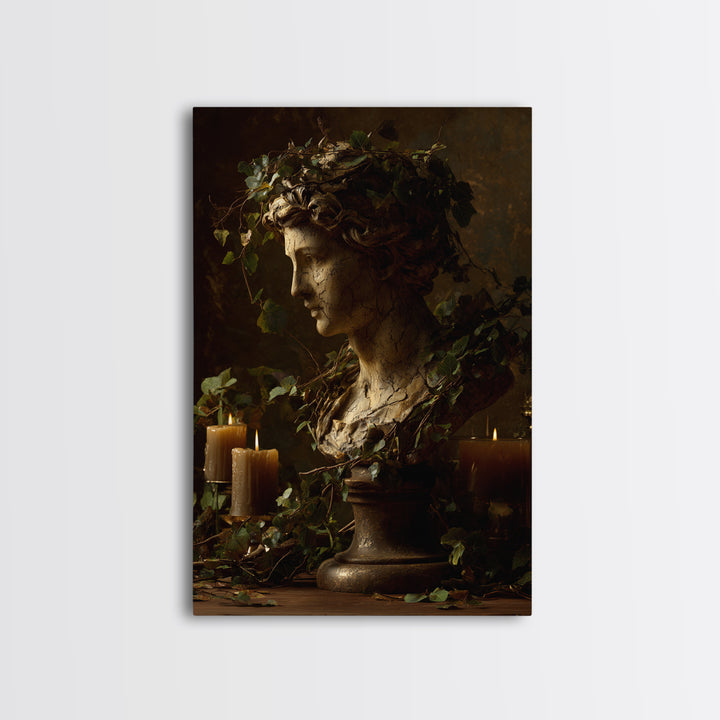 Classical Statue Bust Covered Framed Canvas Print, Renaissanceinspired Art, Floral Print, Living Room Decor, Oil Painting, REN-2x3-51