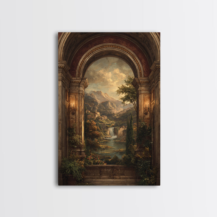Architectural Arch with Italian Landscape Beyond Canvas Print, Renaissanceinspired Art, Floral Painting, Living Room Decor, REN-2x3-67