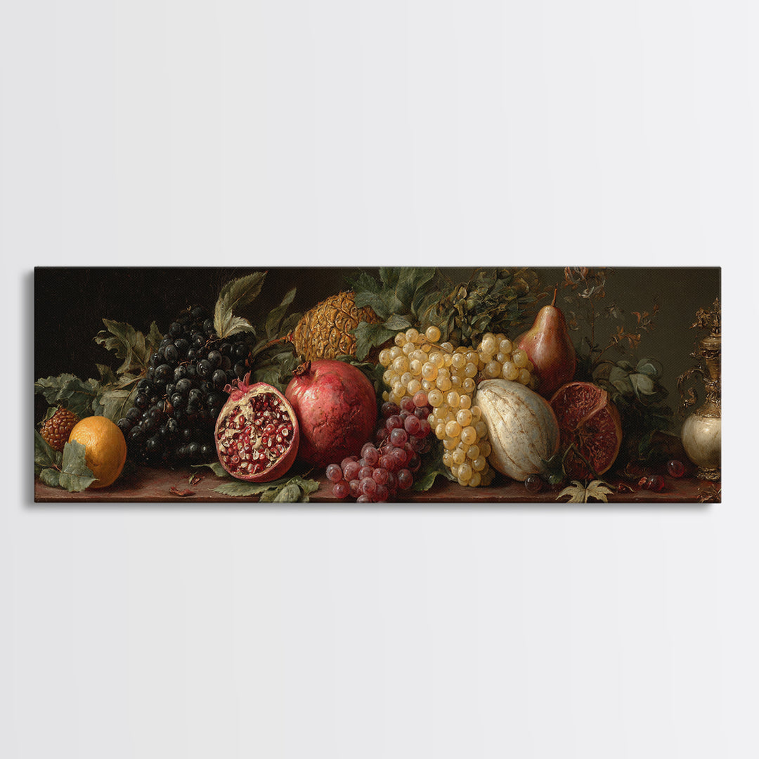 Oil Painted Fruit Still Life on Dark Canvas Print, Renaissanceinspired Art, Elegant Home Decor, Living Room Decor, Classic, REN-3x1-19