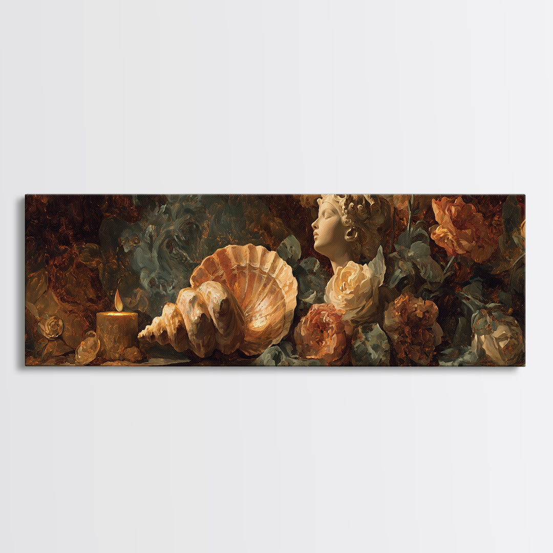 Venus Inspired Figure with Seashell and Roses Canvas Print, Renaissanceinspired Art, Romantic Art, Living Room Decor, Classic, REN-3x1-20