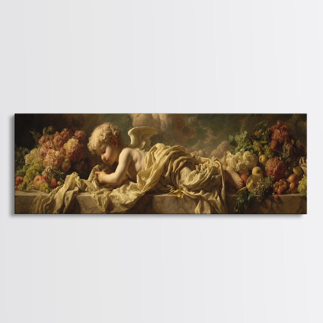 Cherub Holding a Ribbon Among Clouds Canvas Print, Renaissanceinspired Art, Elegant Home Decor, Living Room Decor, Abstract Art, REN-3x1-22