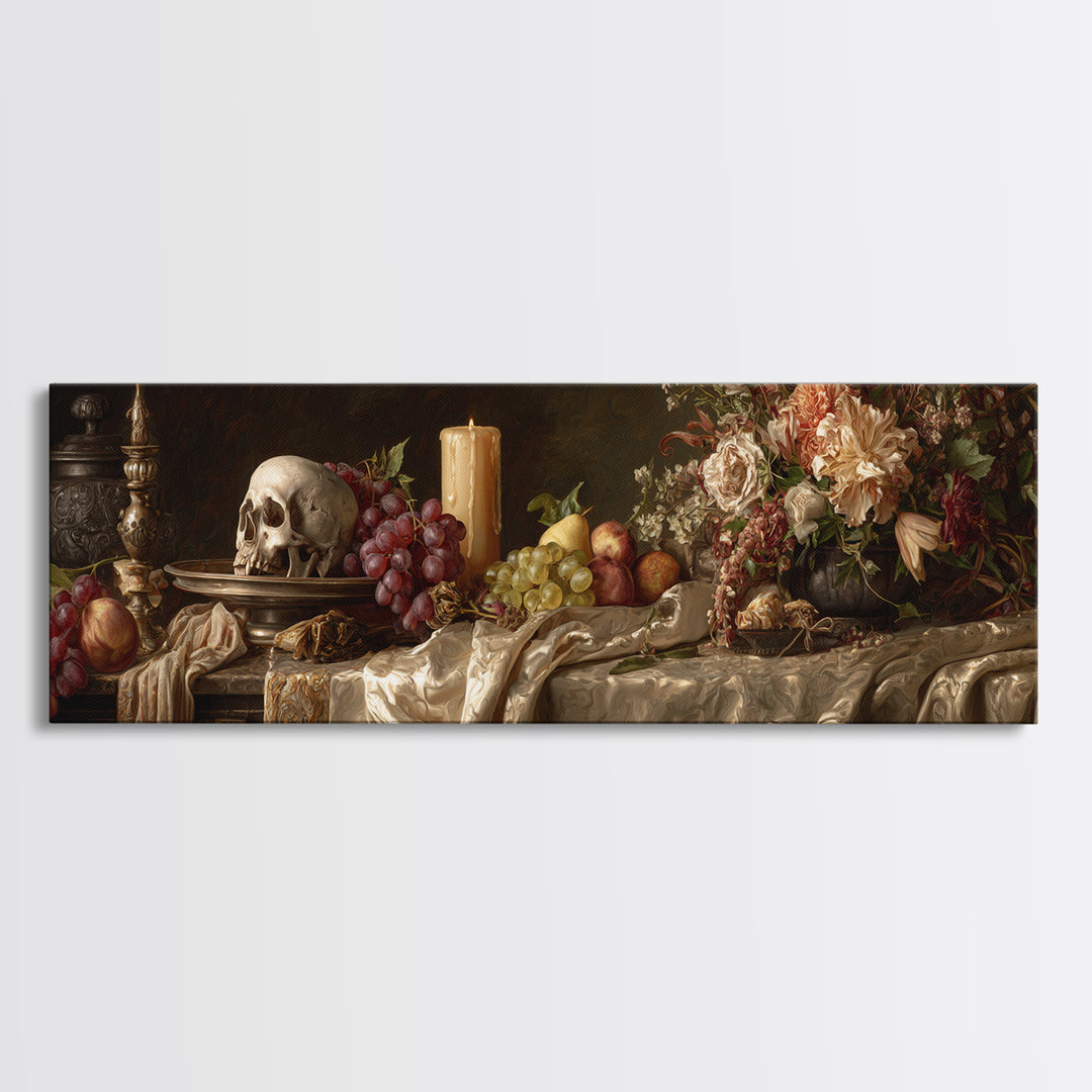 Old Master Skull and Candle Still Life Canvas Print, Renaissanceinspired Art, Digital Art, Living Room Decor, Watercolor Art, REN-3x1-26