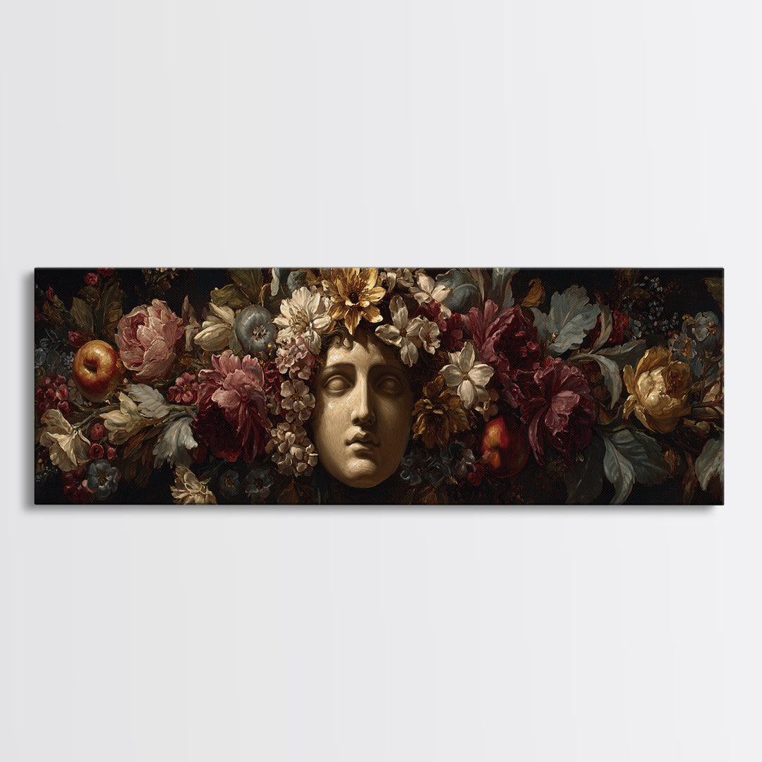 Floral Garland Surrounding a Classical Profile Canvas Print, Renaissanceinspired Art, Painting from Photo, Living Room Decor, REN-3x1-62