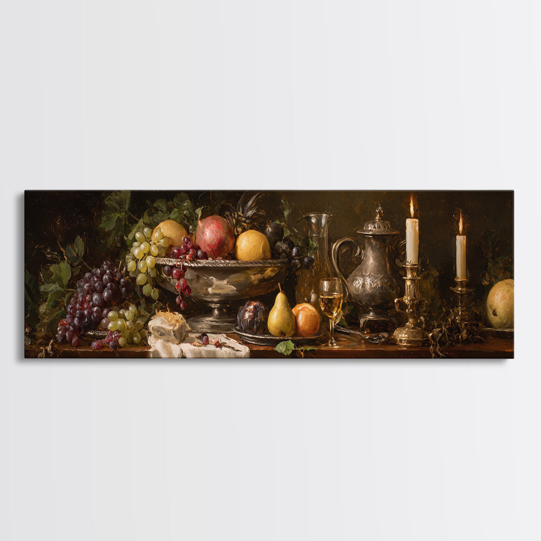 Oil Painted Fruit Still Life on Dark Framed Canvas Print, Renaissanceinspired Art, Wall Art, Living Room Decor, Abstract Art, REN-3x1-67