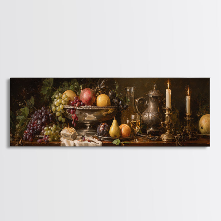 Oil Painted Fruit Still Life on Dark Framed Canvas Print, Renaissanceinspired Art, Wall Art, Living Room Decor, Abstract Art, REN-3x1-67
