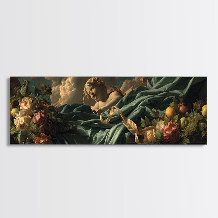 Cherub Holding a Ribbon Among Clouds Canvas Print, Renaissanceinspired Art, Elegant Home Decor, Living Room Decor, Oil Painting, REN-3x1-70