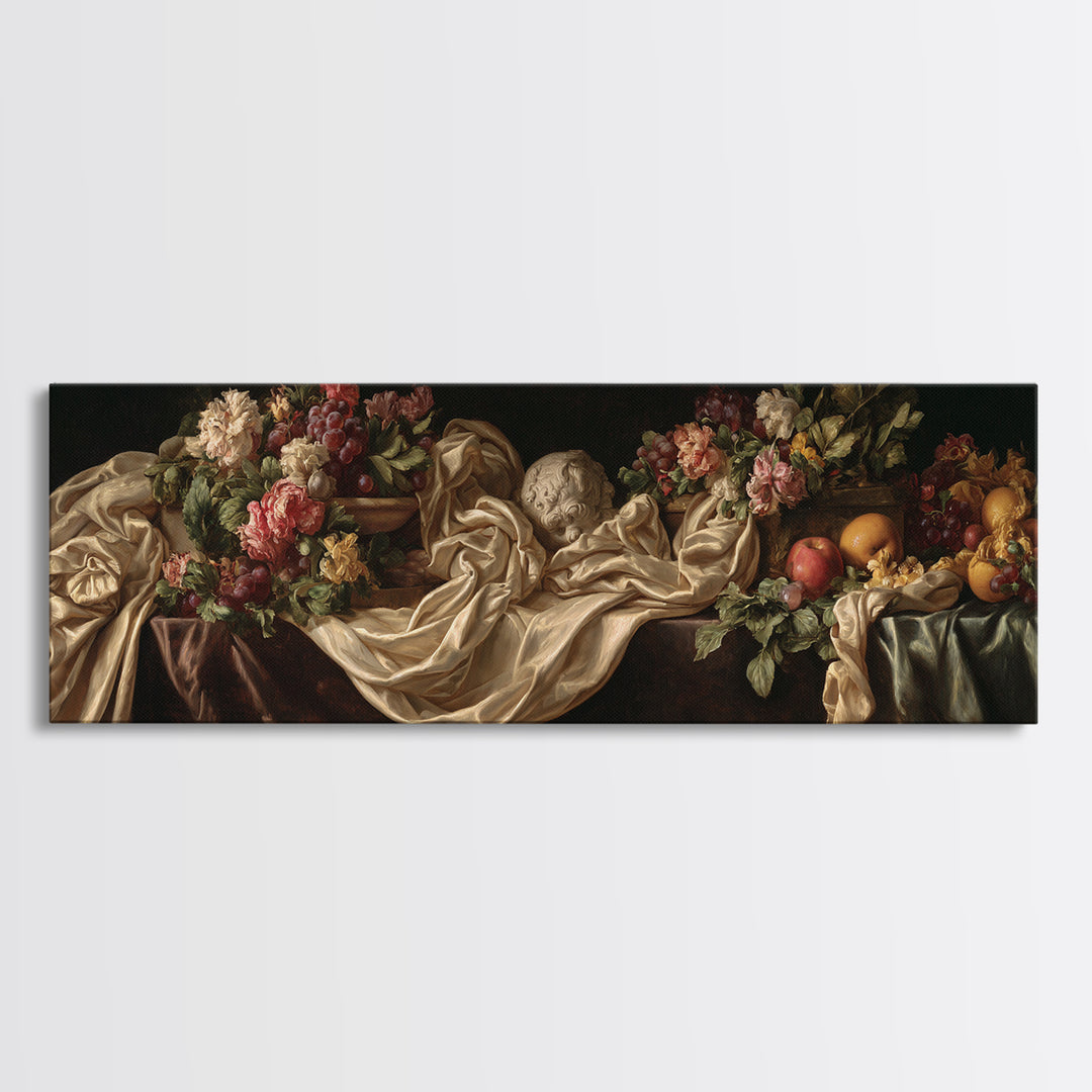 Floral Garland Surrounding a Classical Profile Canvas Print, Renaissanceinspired Art, Minimalist Decor, Living Room Decor, REN-3x1-86