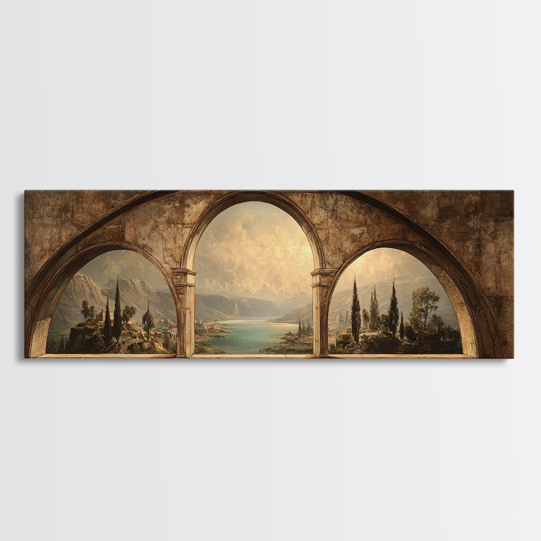 Architectural Arch with Italian Landscape Beyond Canvas Print, Renaissanceinspired Art, Mosaic Wall Art, Living Room Decor, REN-3x1-99