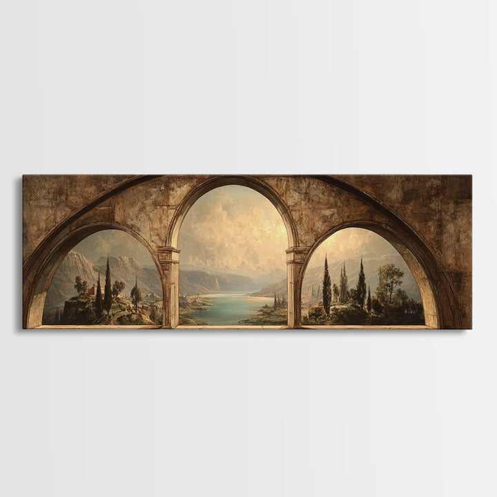 Architectural Arch with Italian Landscape Beyond Canvas Print, Renaissanceinspired Art, Mosaic Wall Art, Living Room Decor, REN-3x1-99
