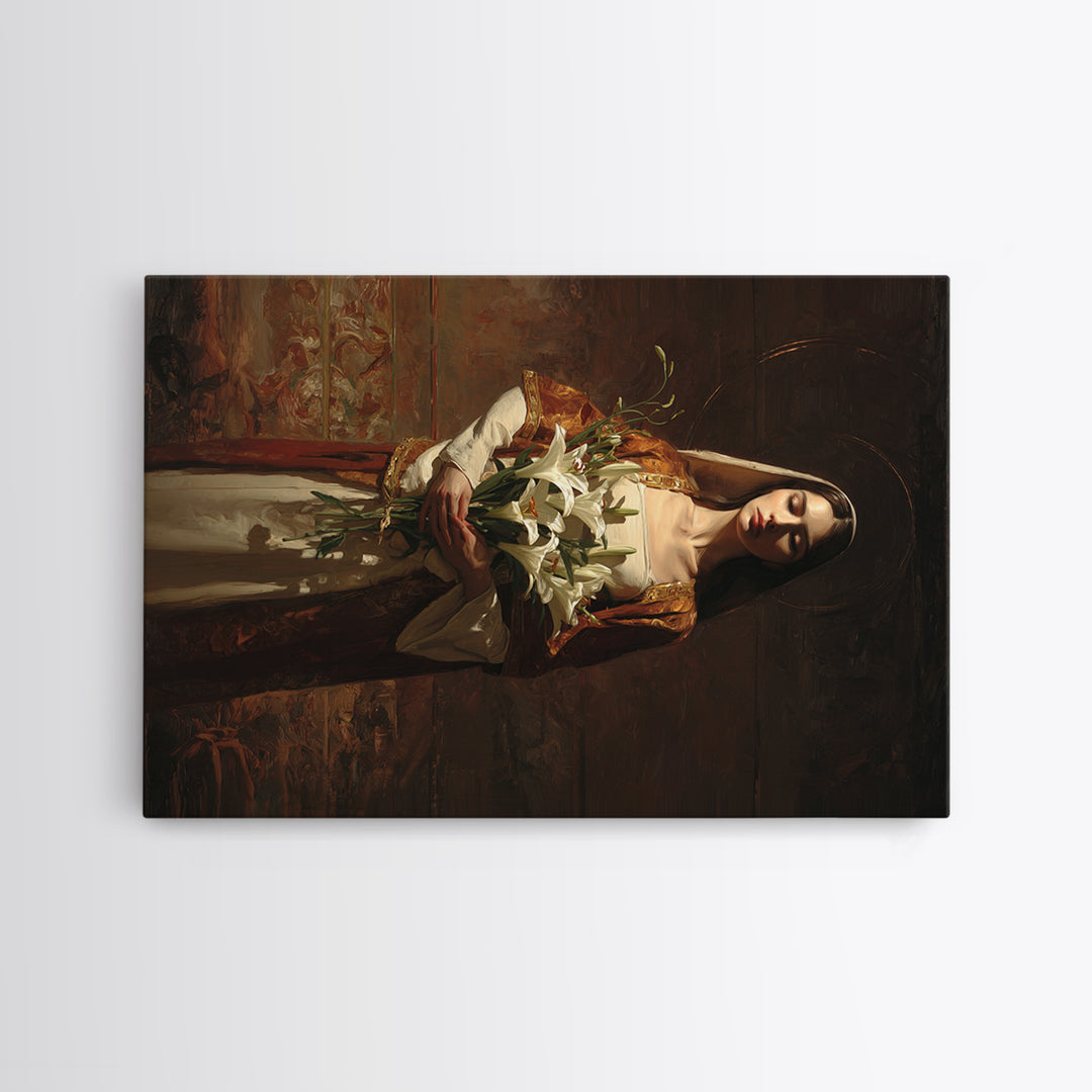 Saint Like Figure Holding White Lilies Canvas Print, Renaissanceinspired Art, Digital Art, Living Room Decor, Oil Painting, REN-3x2-17