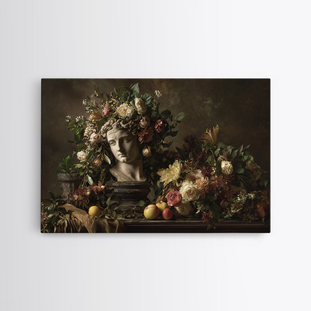 Floral Garland Surrounding a Classical Profile Canvas Print, Renaissanceinspired Art, Minimalist Decor, Living Room Decor, REN-3x2-26