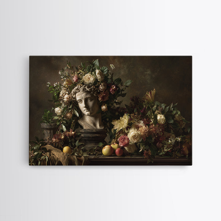 Floral Garland Surrounding a Classical Profile Canvas Print, Renaissanceinspired Art, Minimalist Decor, Living Room Decor, REN-3x2-26
