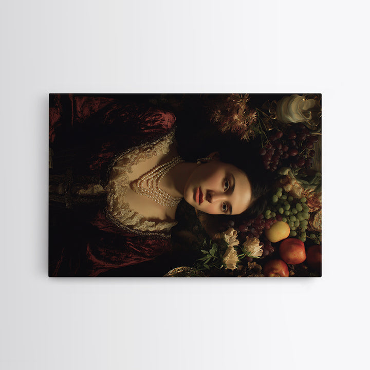 Portrait with Pearl Necklace and Velvet Dress Canvas Print, Renaissanceinspired Art, Wall Art, Living Room Decor, Classic, REN-3x2-40