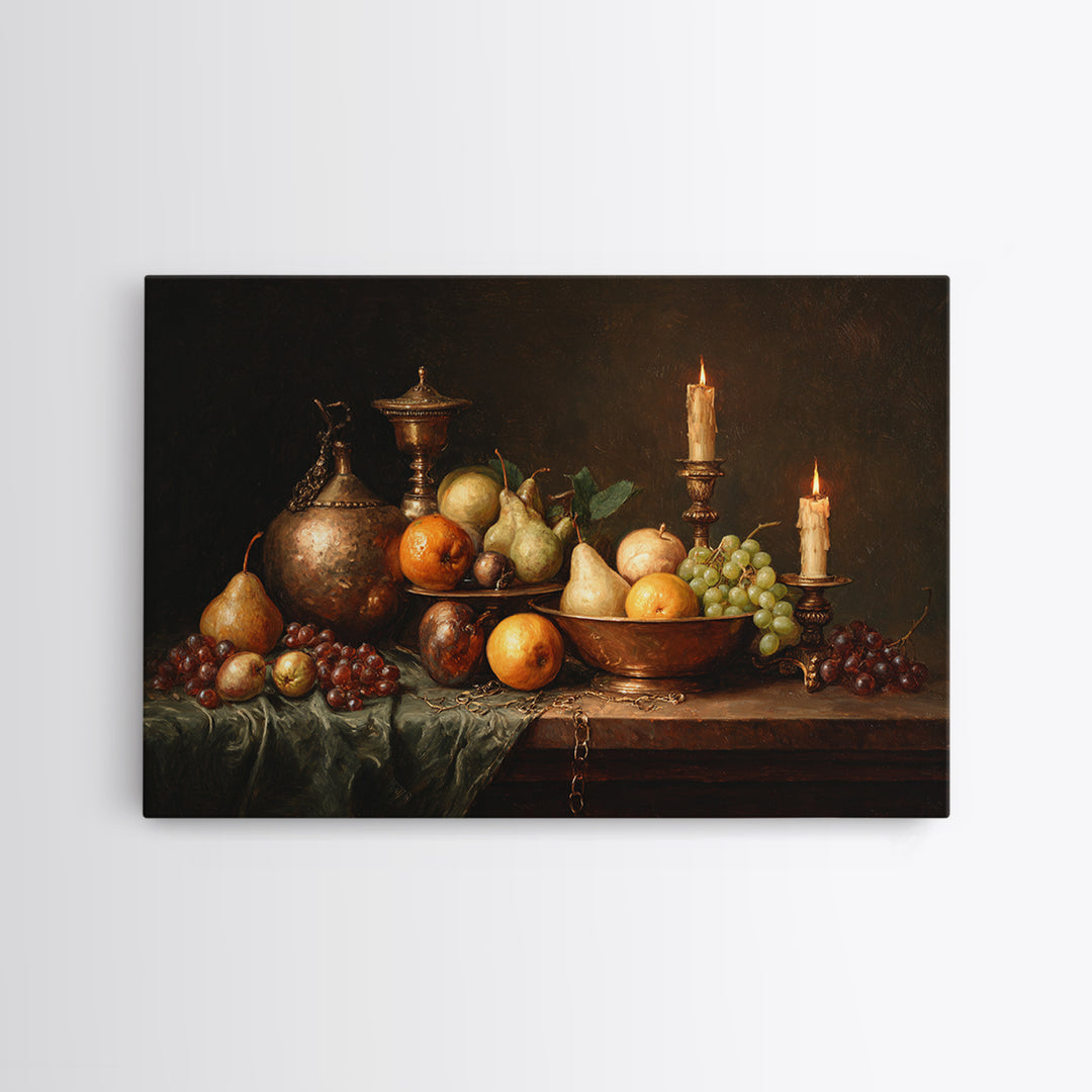 Oil Painted Fruit Still Life on Dark Canvas Print, Renaissanceinspired Art, Yoga Wall Art, Living Room Decor, Classic, REN-3x2-55